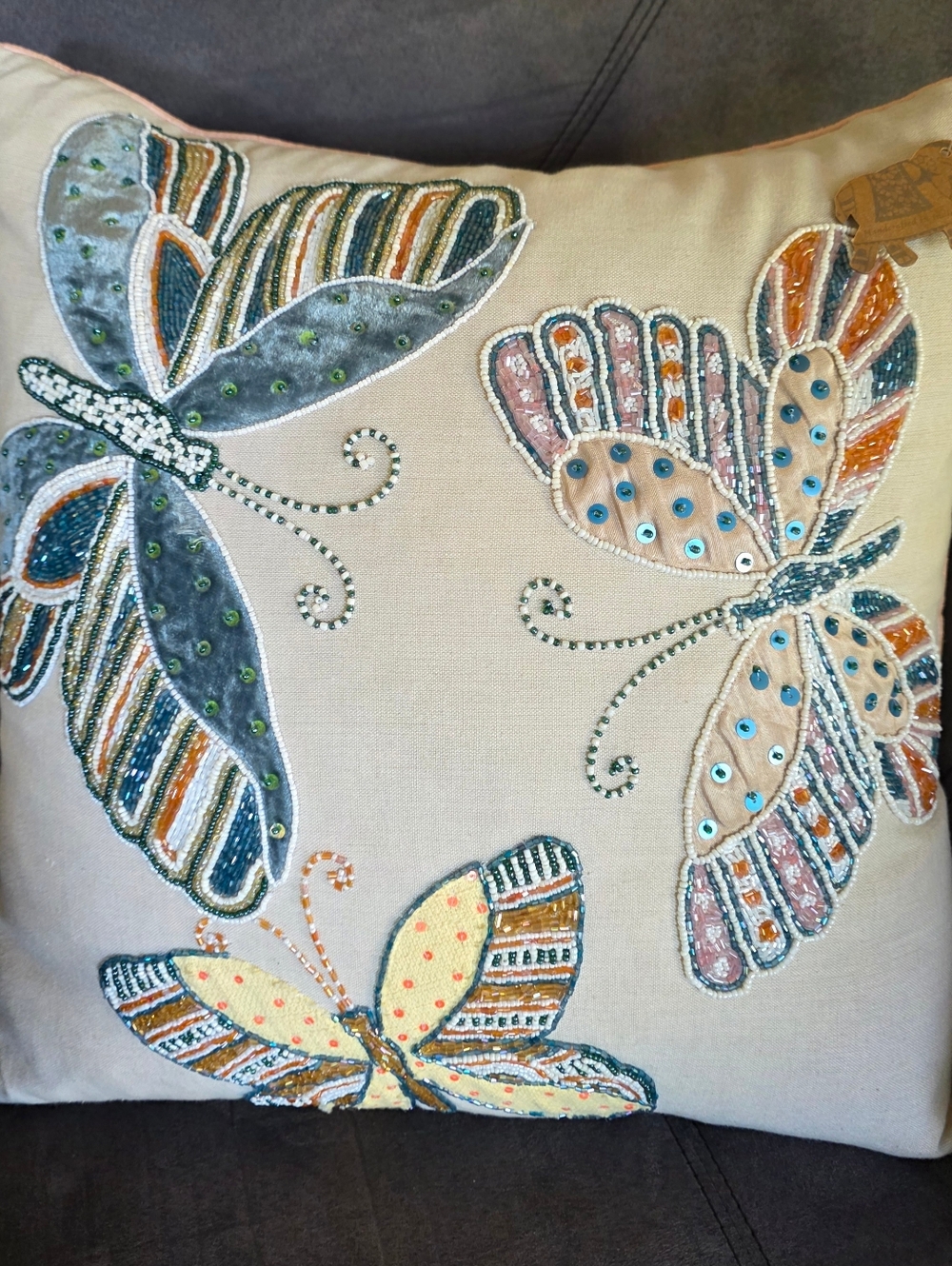 NWT Handcrafted India Beaded Butterfly Throw Pillow Cottagecore Boho Whimsical